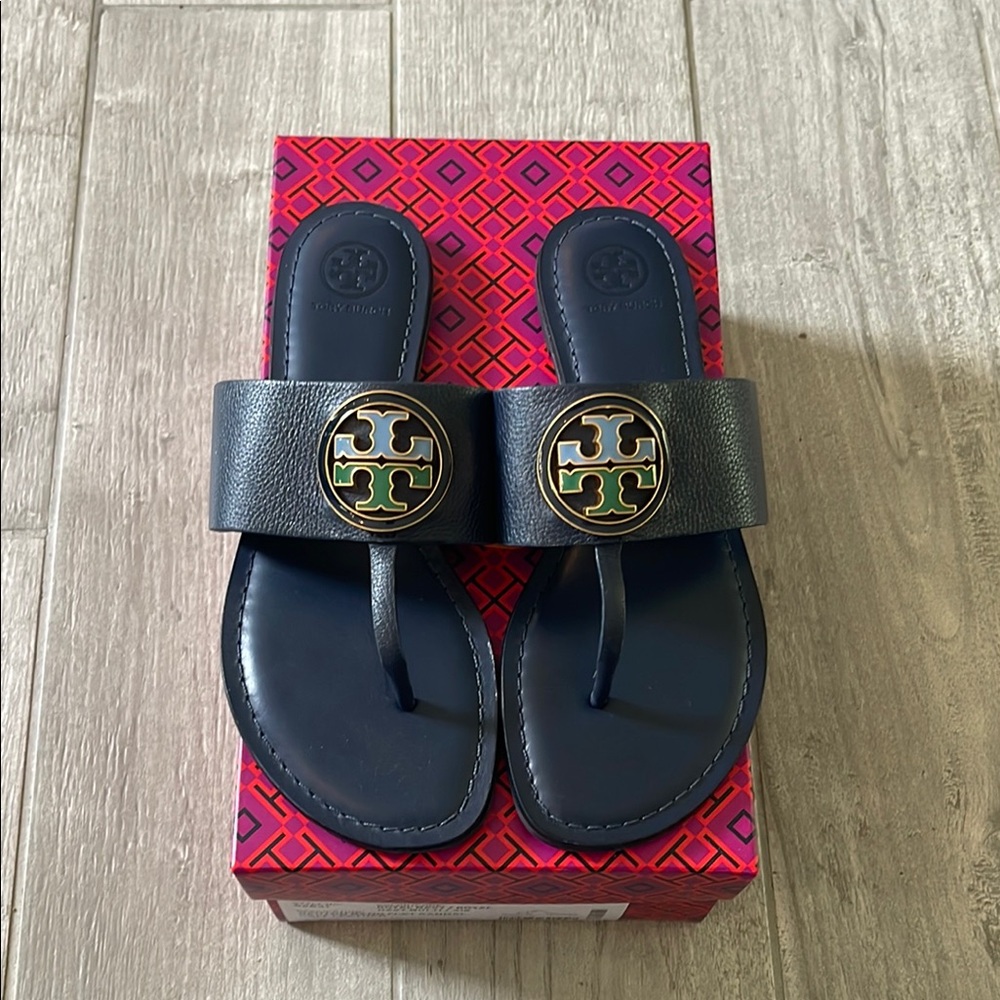 Tory Burch Navy Blue Leather, Benton Band Flat Sandals